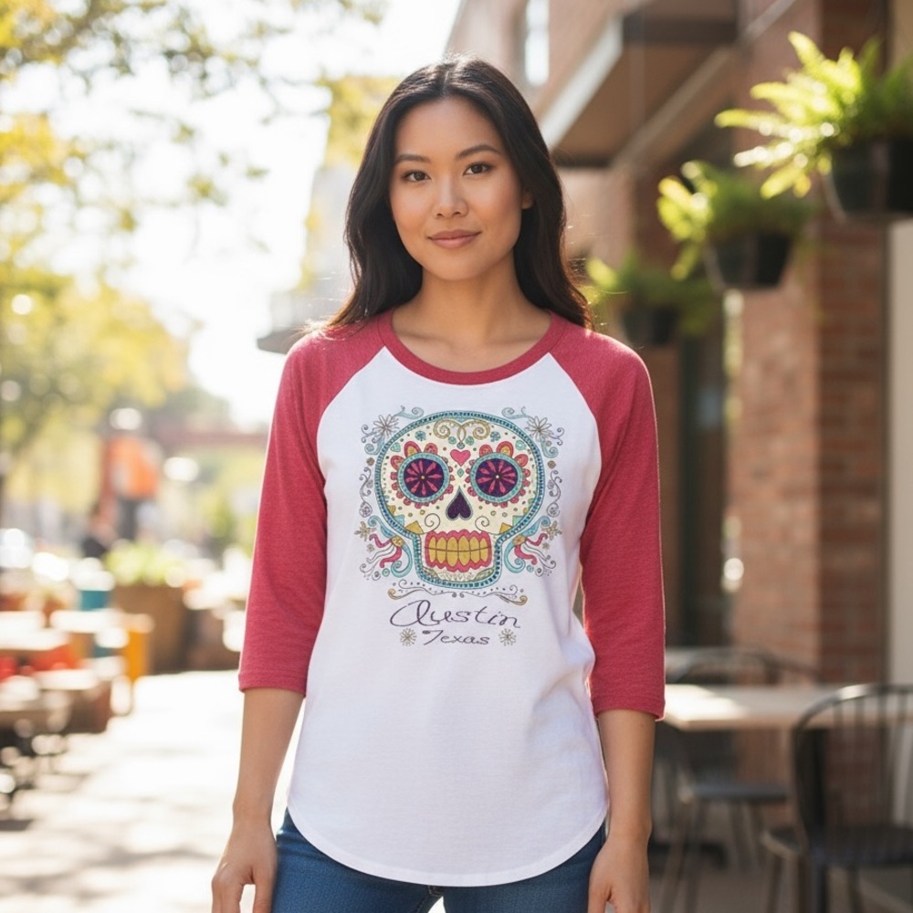 XL Women's Red and White Graphic Raglan Top TEE SHIRT AUSTIN TEXAS SUGAR SKULL